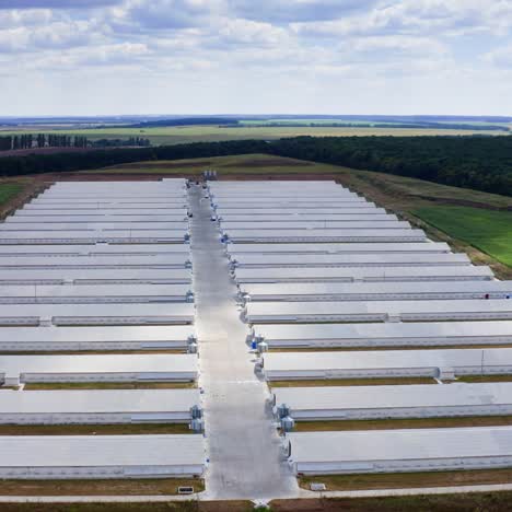 agricultural new modern buildings in rural area. poultry farm built in field. industrial place for cattle growing. view from above