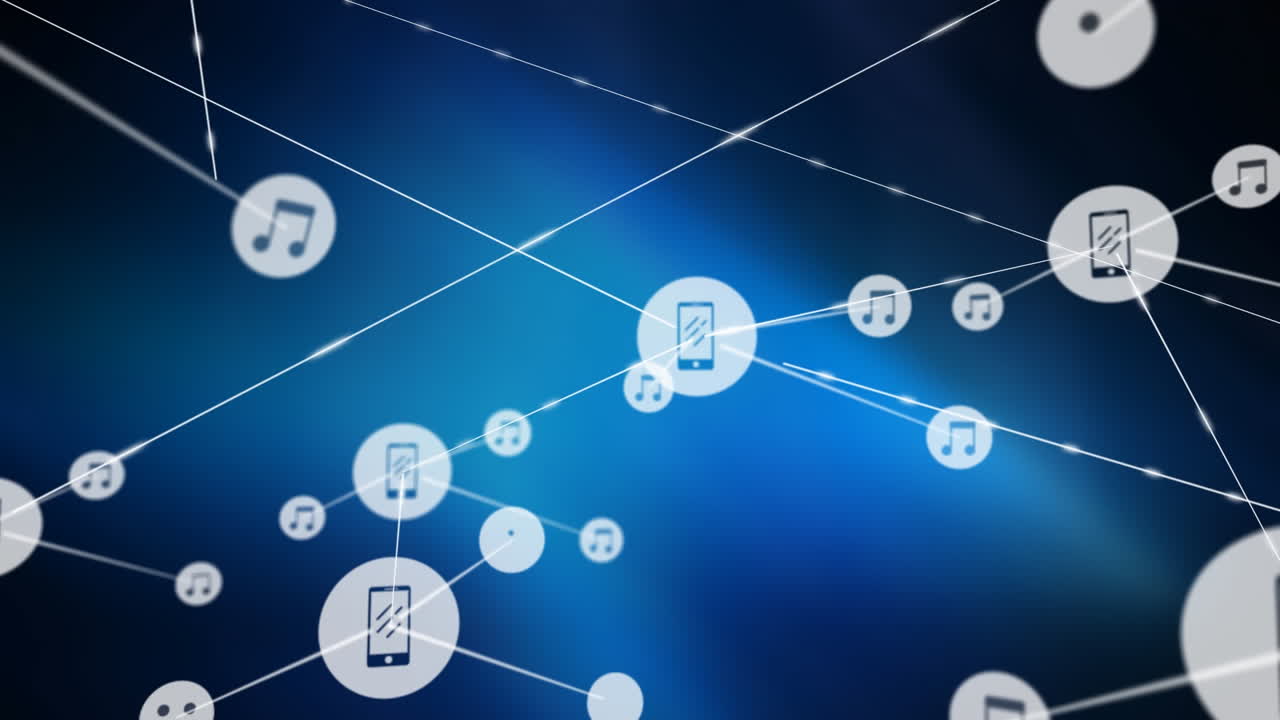 animación de una red de iconos digitales sobre un efecto de brillo azul contra un fondo negro