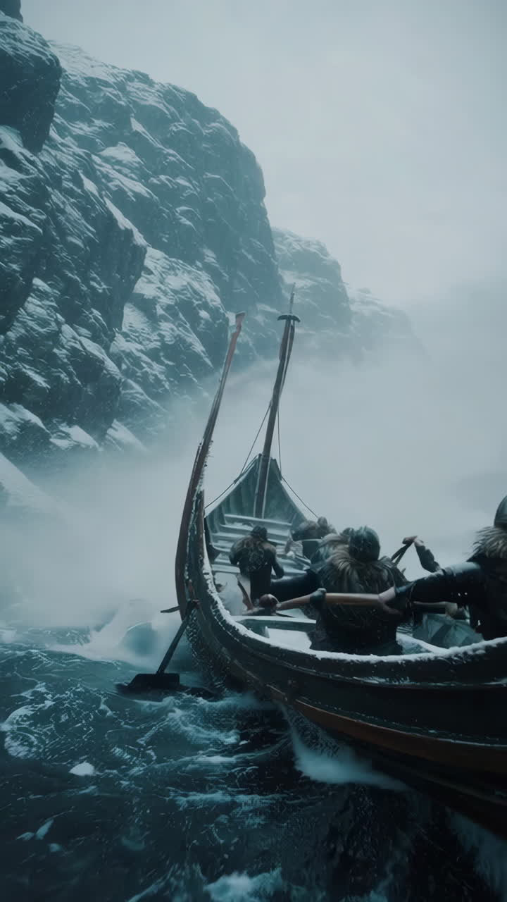Viking Longship in a Stormy Arctic Fjord