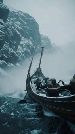 viking longship in a stormy arctic fjord