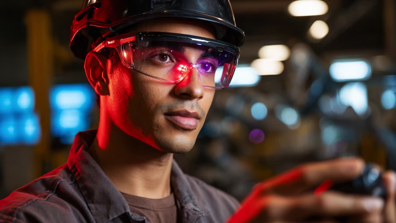 A focused technician in safety goggles and a helmet actively engages with high-tech equipment, illuminated by ambient lighting, showcasing modern tools and a commitment to innovation in the manufacturing environment