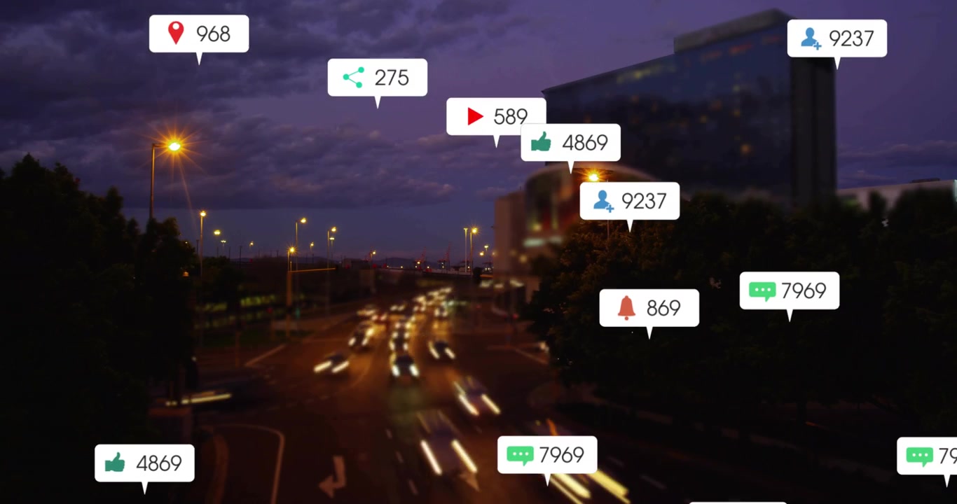 When dusk view settling, notification icons floating over street and visualizing digital engagement