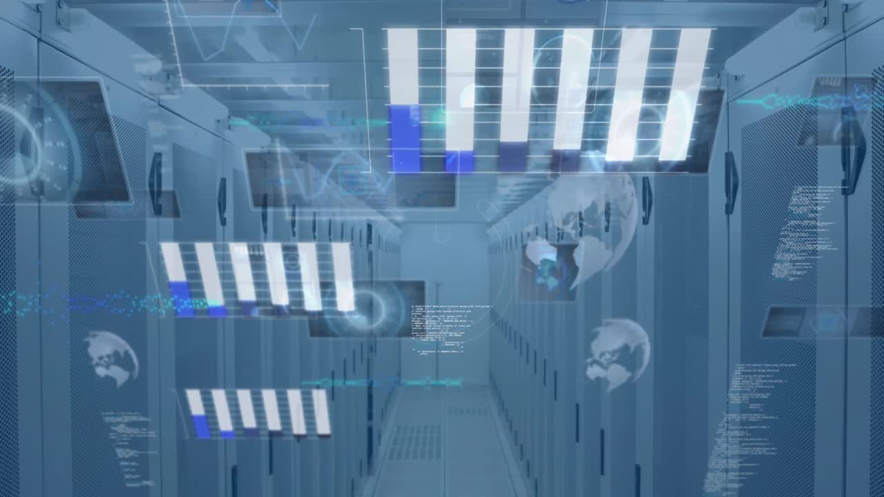 네온 라운드 스캐너의 애니메이션과 컴퓨터 서버 방에 대한 통계 데이터 처리