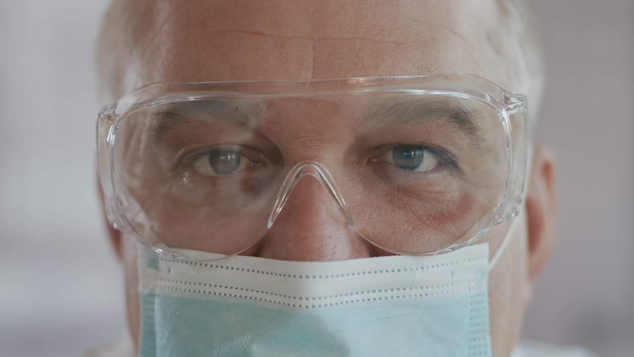 Primo piano del volto di una dottoressa sicura di sé. Occhi con occhiali di sicurezza e mascherina protettiva. Responsabile di laboratorio di ricerca. Concetto di isolamento per la pandemia di Coronavirus 2019 (2019-nCoV) COVID-19.
