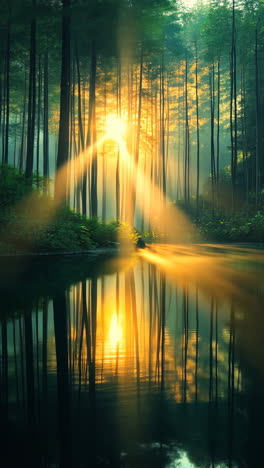 golden sunlight reflects on tranquil water in a serene forest