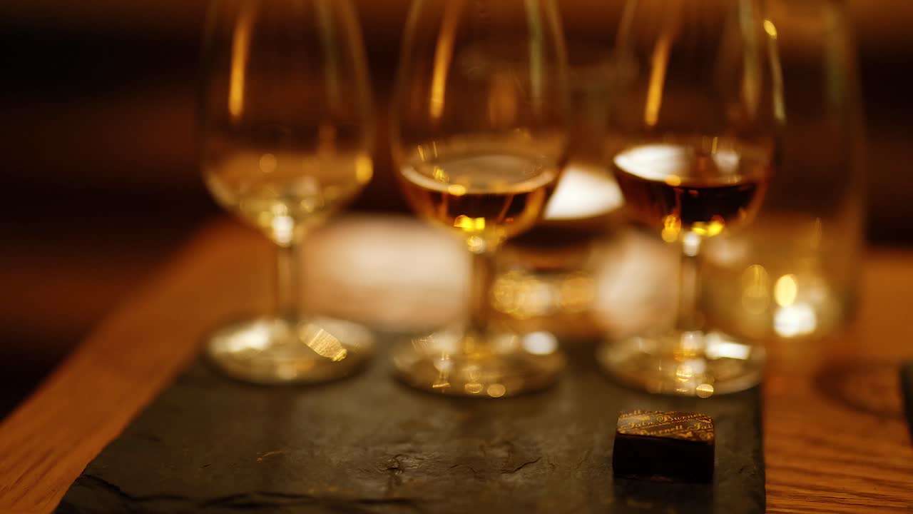 위스키 컵과 초콜릿을 손으로 는 것