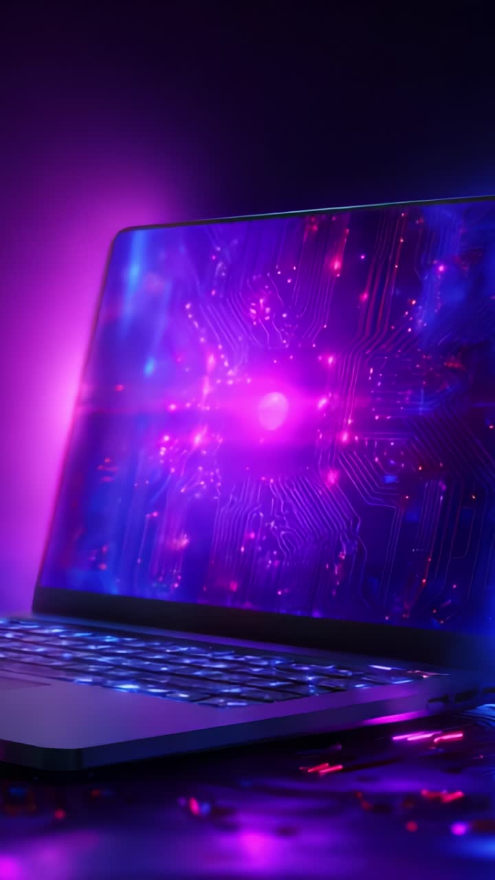 Vibrant Technology: A Futuristic Laptop Displaying Intricate Circuit Patterns and Pulsating Lights in a Dark, Colorful Environment