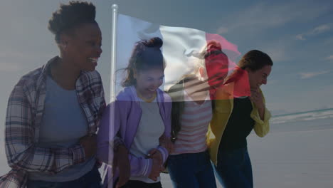 walking together, four women with french flag animation in background