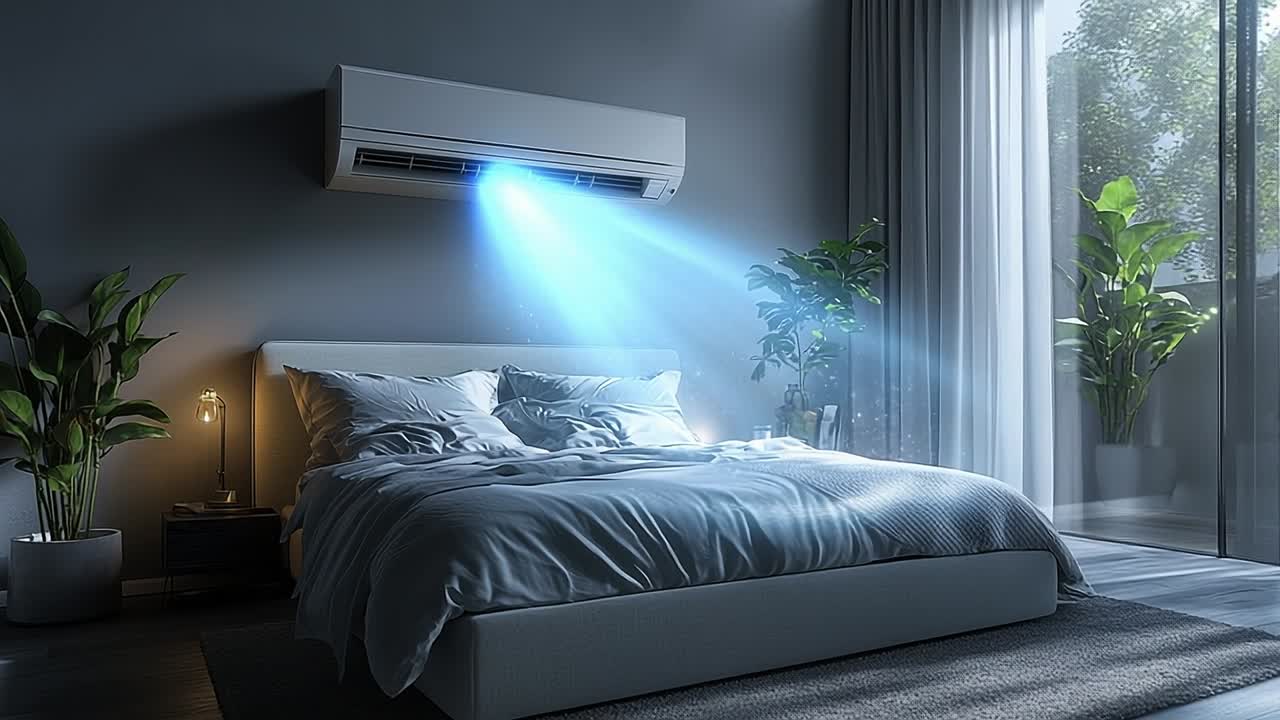 Cozy AC bedroom at night. A modern bedroom features a bed with soft bedding and an air conditioning unit cooling the space during evening hours.