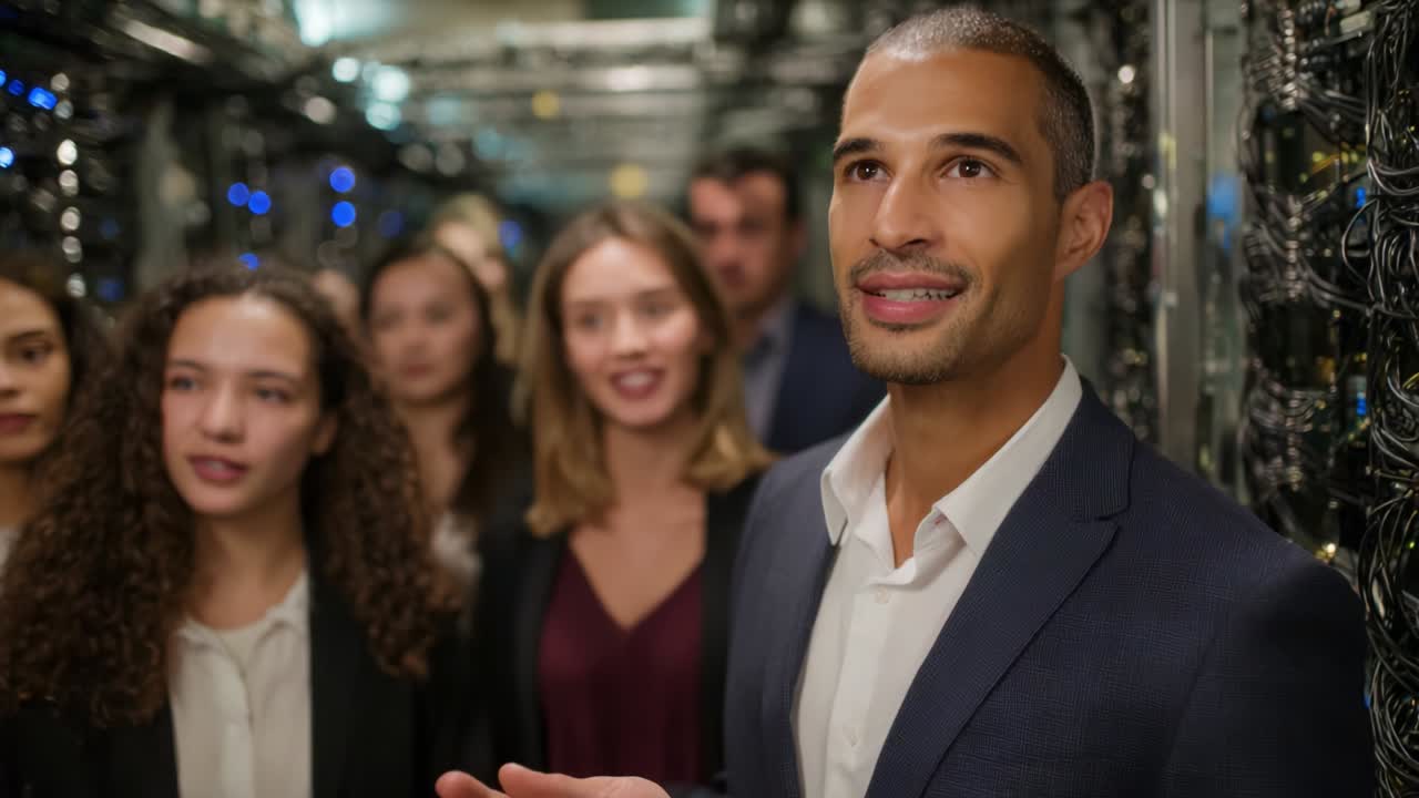 A Professional Presentation in a Data Center: An Engaging Speaker Discussing Innovative Technology with an Attentive Audience Surrounded by High-Tech Equipment and Servers