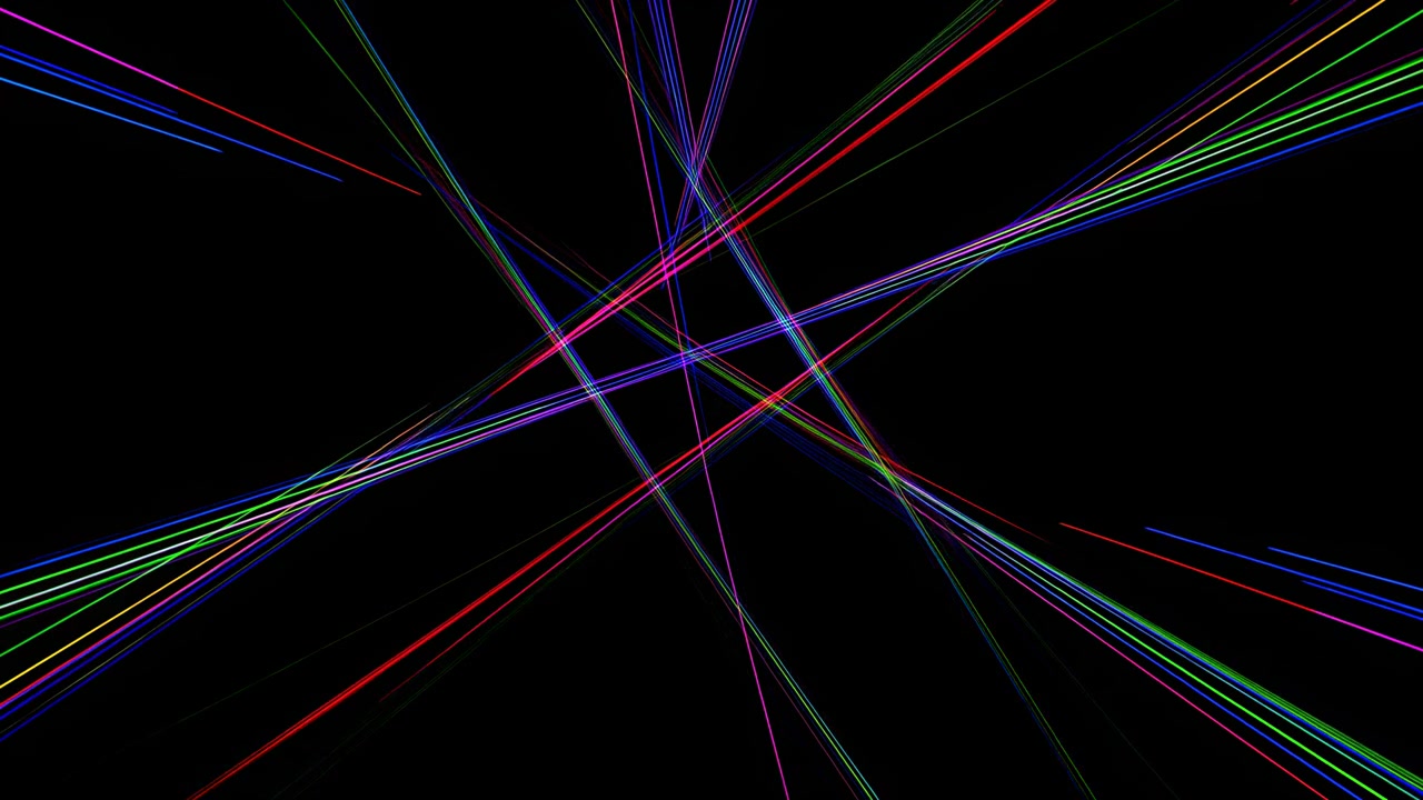 Sottili raggi laser al neon che si intersecano, linee angolari attraversano il vuoto nero creando precisi motivi geometrici