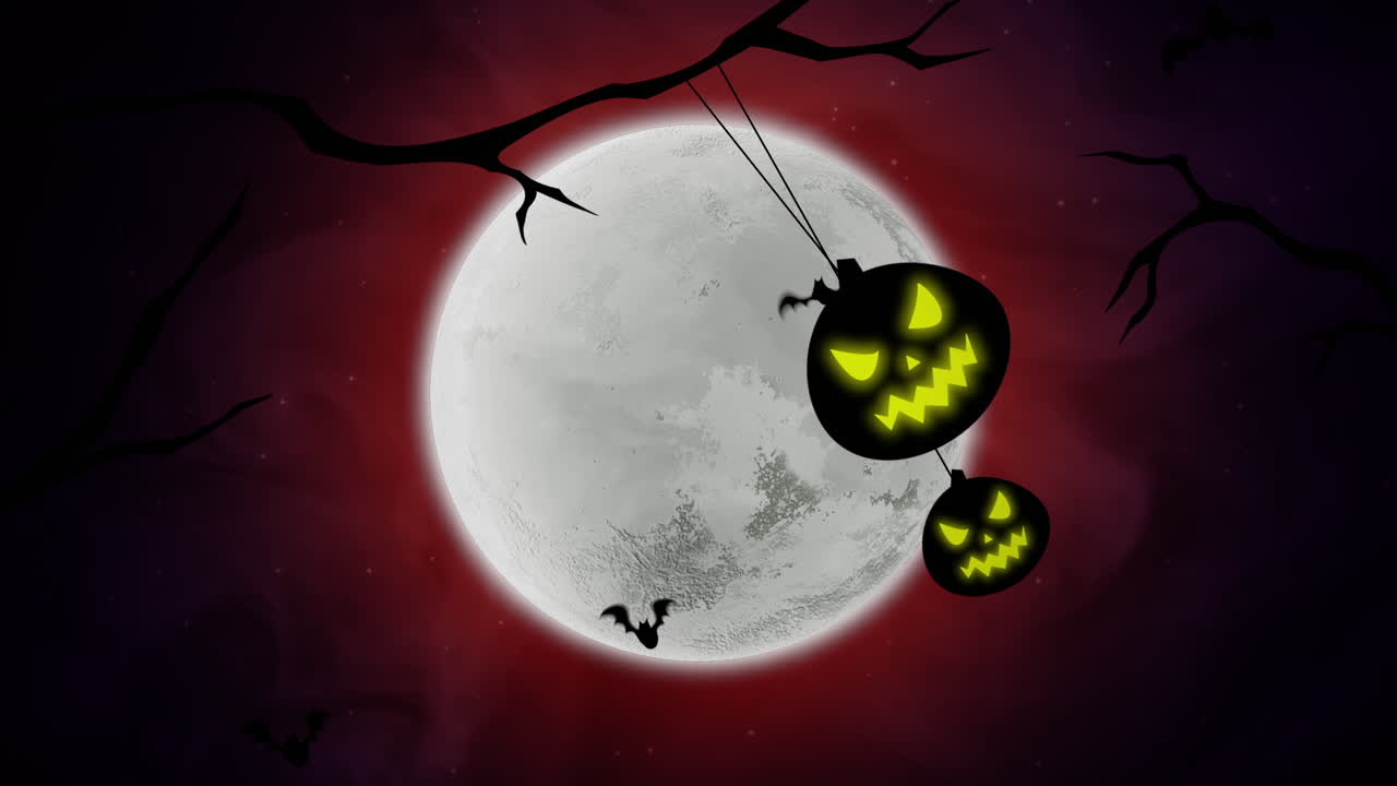 animación de fondo de halloween con murciélagos y calabazas en los árboles 2