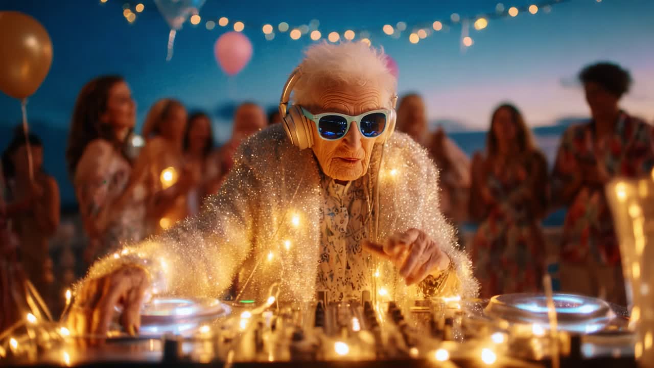 En energisk, ældre DJ fanger publikum med magiske lyde og blændende lys ved en udendørs fest og spreder glæde med hvert beat midt i funklende dekorationer