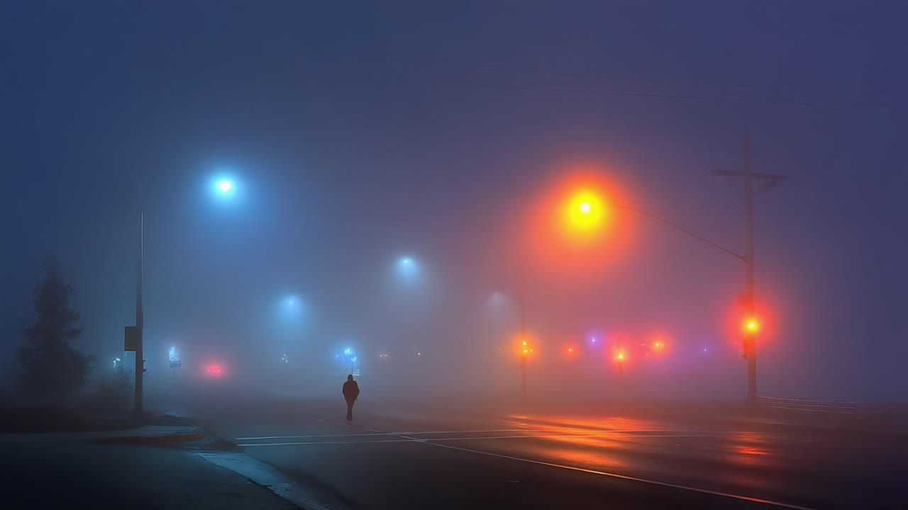 A solitary figure walks through a serene, foggy street illuminated by colorful traffic lights, creating an ethereal atmosphere of mystery and solitude on a quiet night