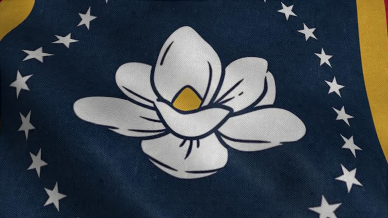 New Mississippi state flag, Magnolia Flag. Flag waving in the wind. 4K