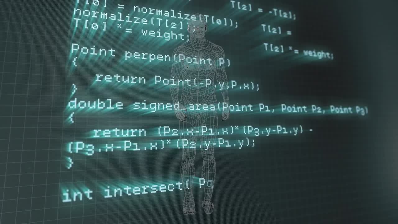 animación del procesamiento de datos sobre un modelo humano que camina en un espacio verde oscuro