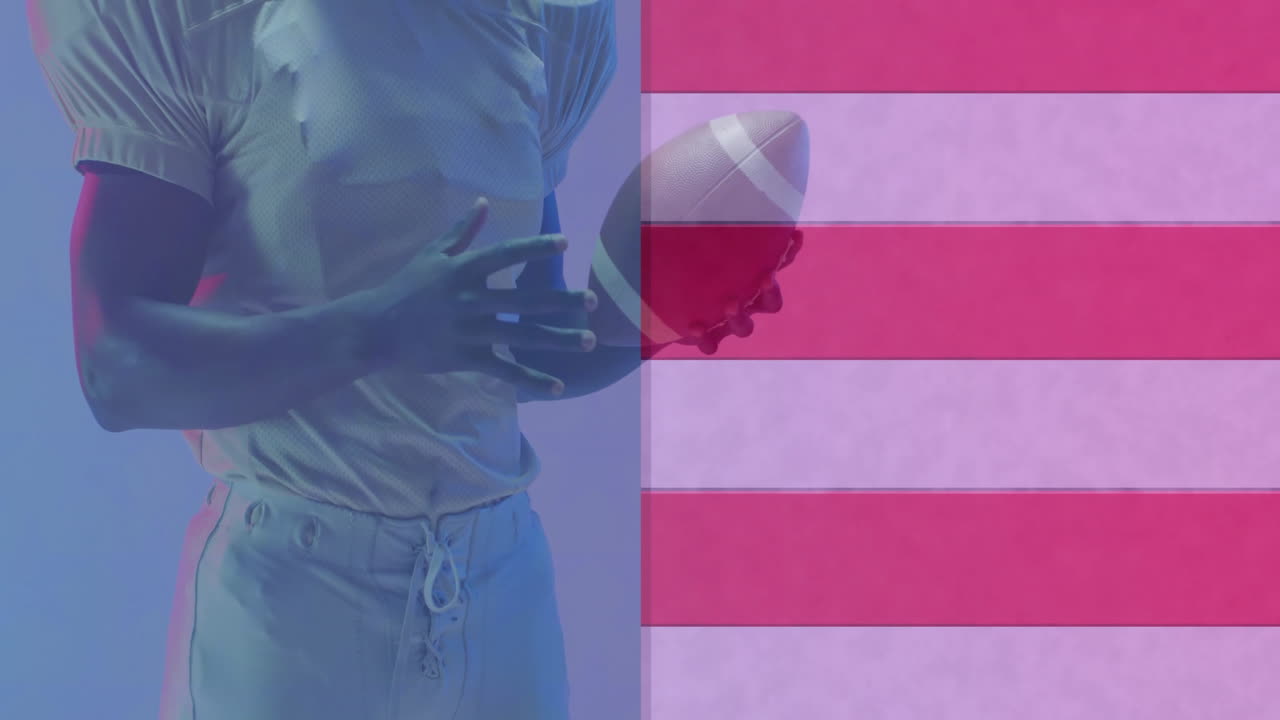 animación de un jugador de fútbol americano afroamericano con pelota y bandera de estados unidos