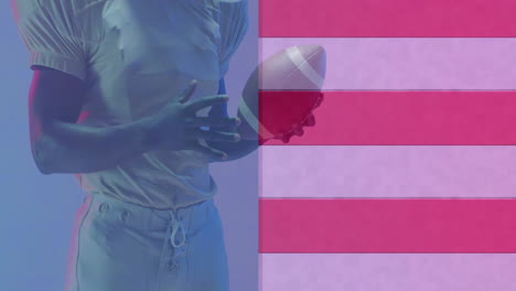 animación de un jugador de fútbol americano afroamericano con pelota y bandera de estados unidos
