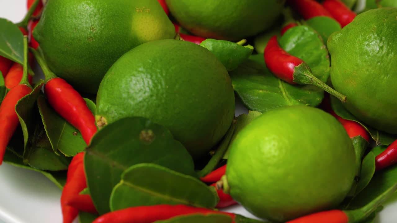 selección fresca de frutas y verduras, limón rojo verde, lima, chile rojo