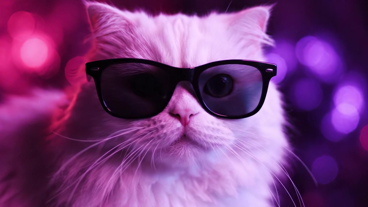 En stilfuld kat med solbriller poserer foran en farverig neonbaggrund, udstråler coolness og charme, og fanger perfekt dens unikke personlighed og vibe.