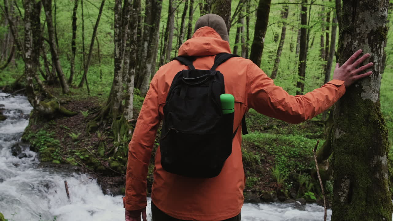 숲 속 의 하천 에서 산책 하는 사람