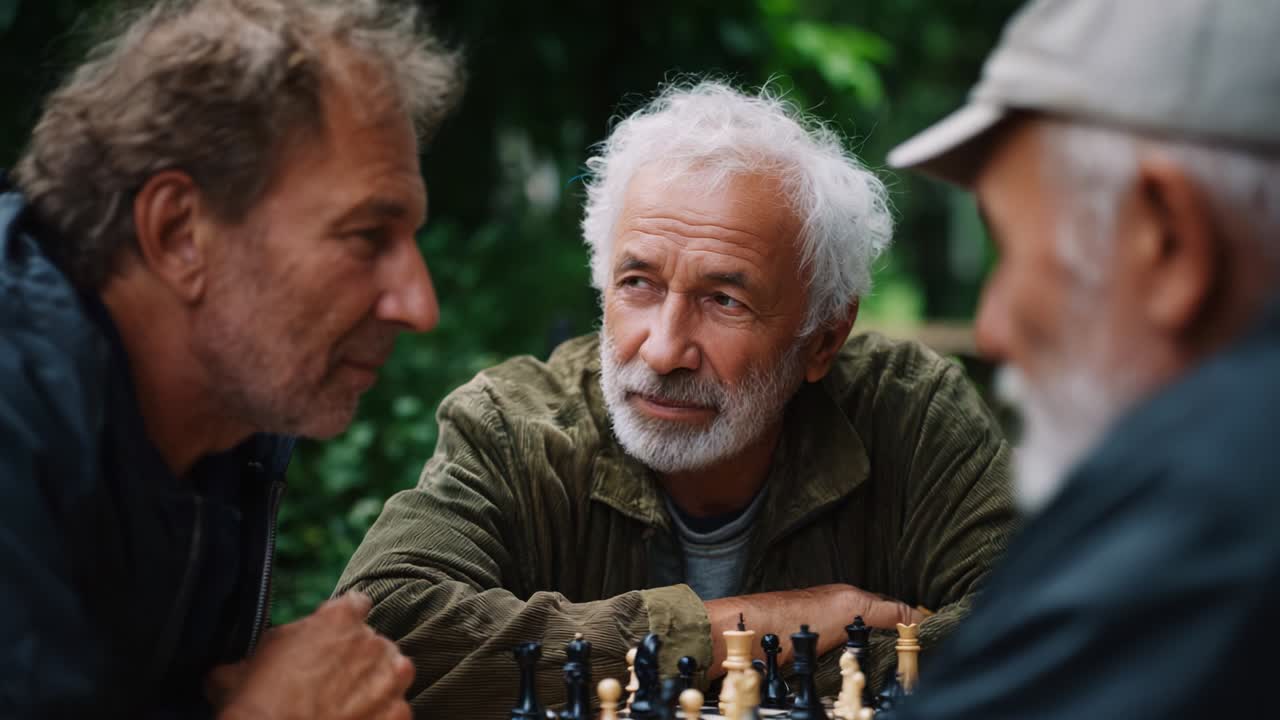 A Thoughtful Game of Chess Among Friends: Capturing the Intensity of Strategy and Connection in a Serene Outdoor Setting as Three Mature Men Engage in a Challenging Match of Mind and Wit