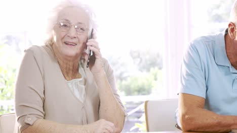 senior woman on phone call and man using laptop