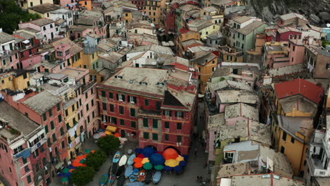 vernazza, historic cinque terre town on italian coast, aerial reveal