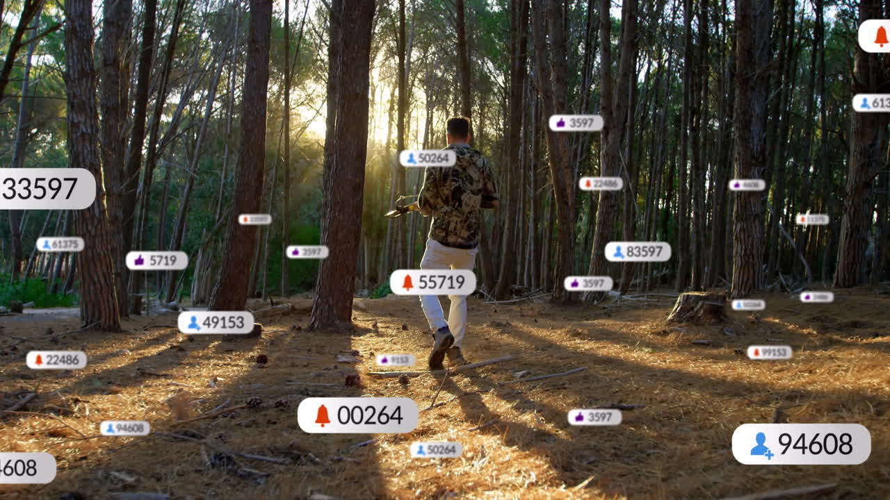 drone operator walking through pine forest at sunset, with floating social media marketing badges
