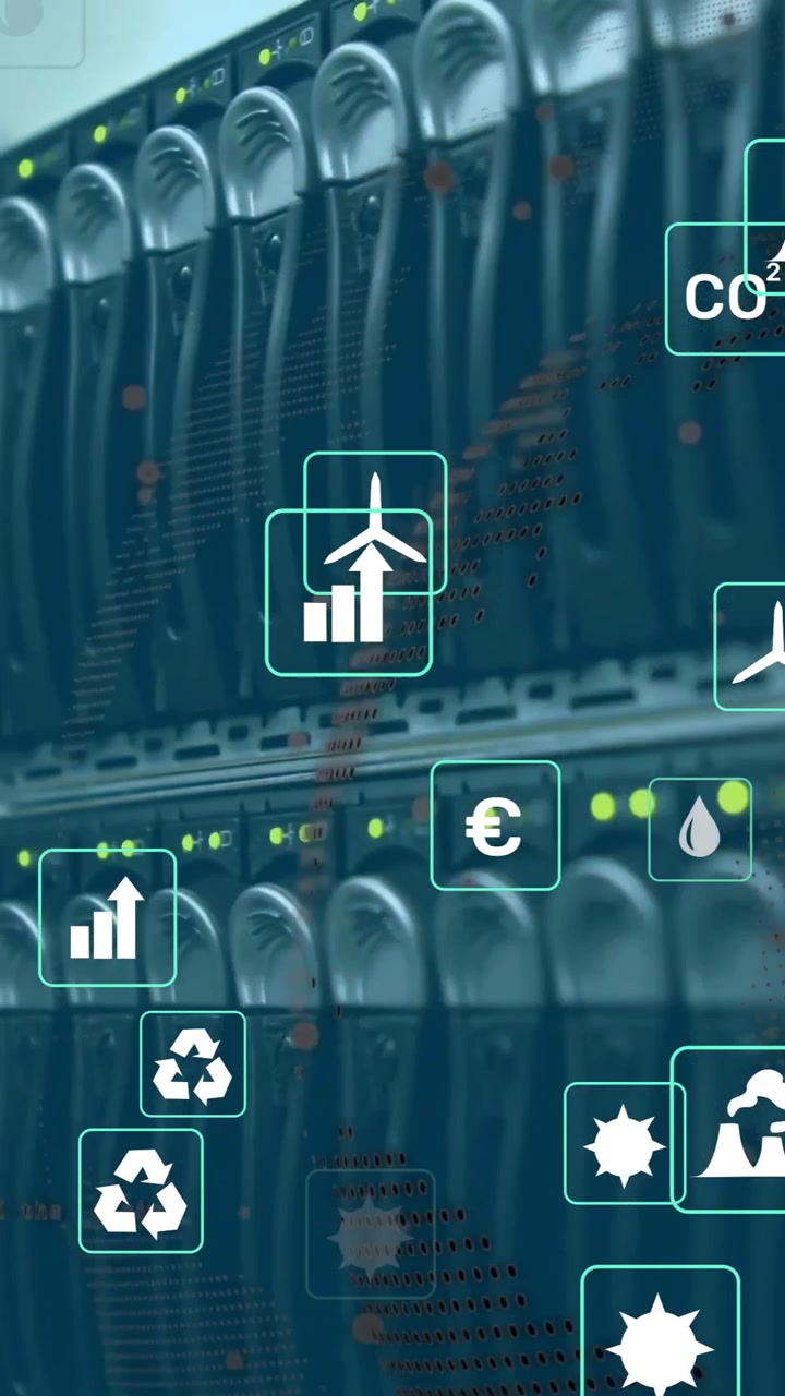 Animation of eco icons and data processing over computer servers