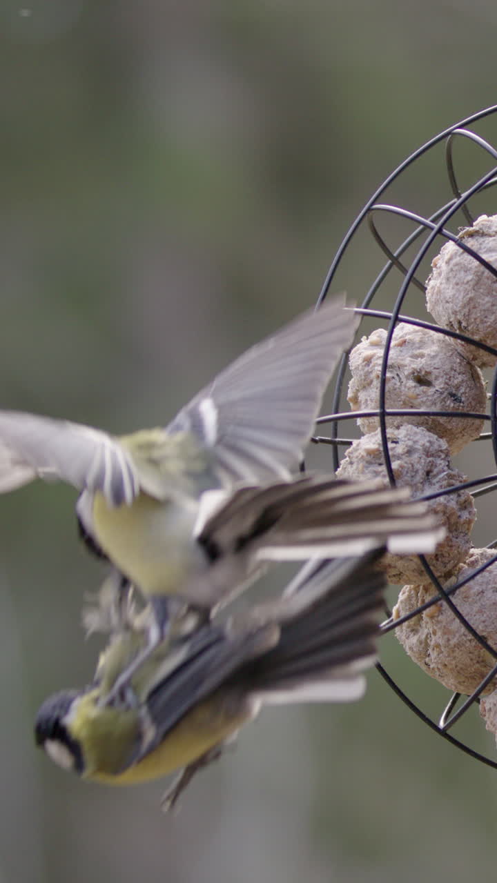 Fast and aggressive Blue Tit attack on bird feeder by another one, vertical