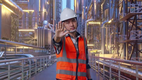asian male engineer with safety helmet disapproving with no hand sign while standing at a vast oil refinery