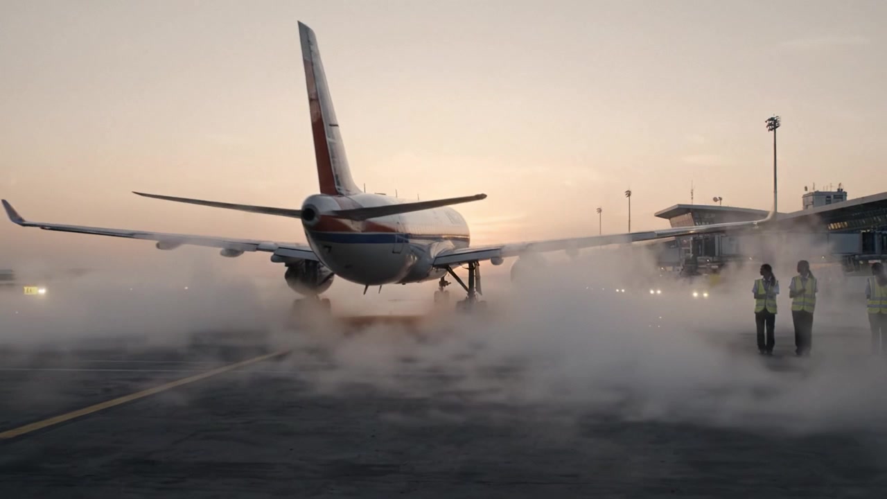 Et fly letter ved solnedgang og skaber et fantastisk visuelt indtryk med levende farver og tåge omkring lufthavnen, hvilket fremhæver luftfartens og rejsens kraft