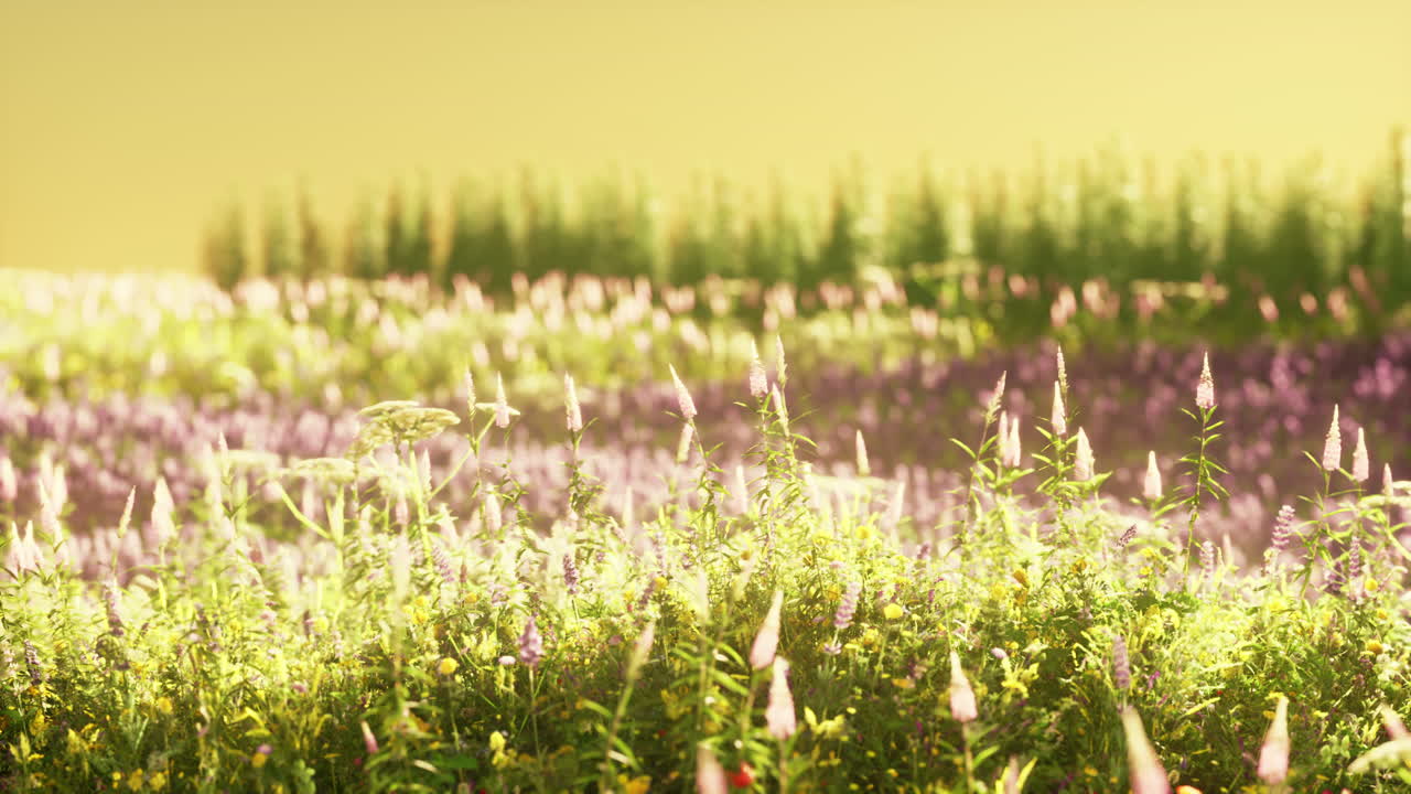 여름 해가 지는 동안 꽃이 피는  ⁇