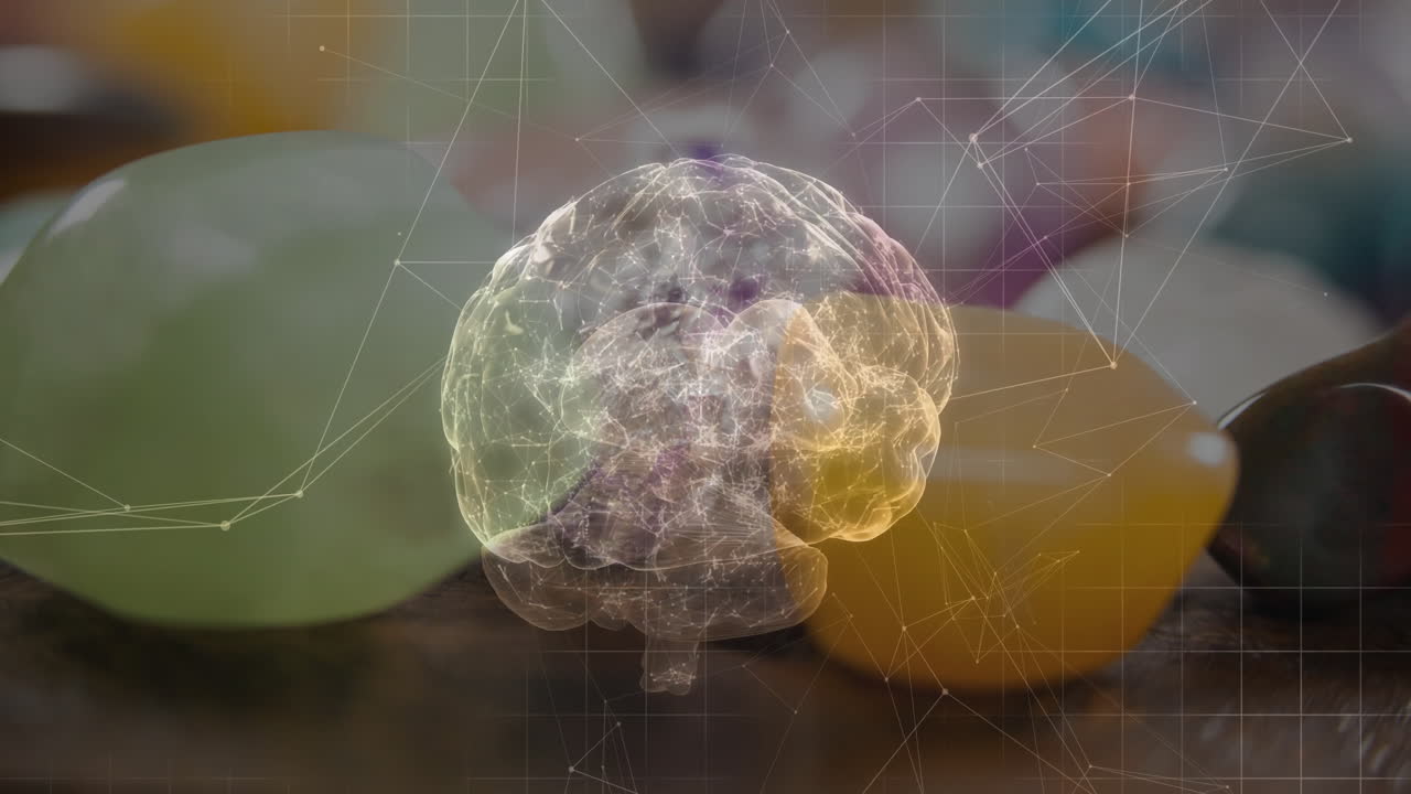 Digital 3D brain hologram floating above wooden tabletop, glowing network nodes over blurred stones