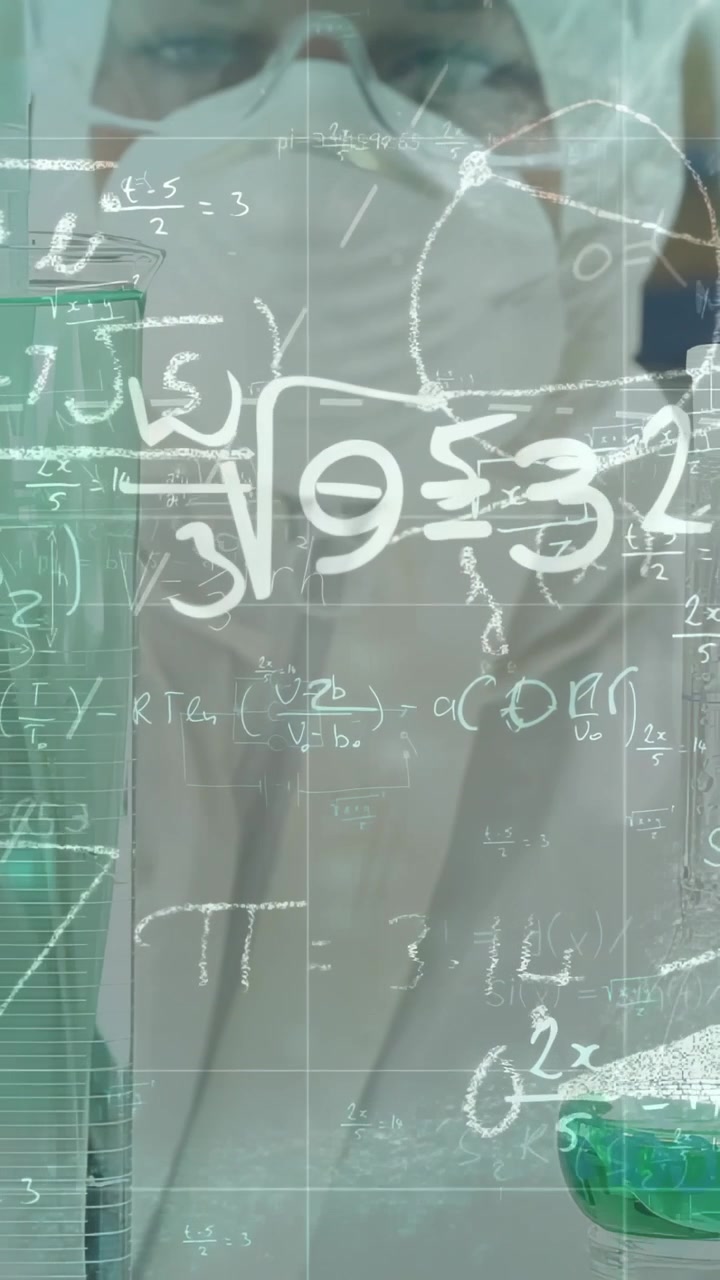 Vertical video: Female scientist fixing mask, leaning as math chem overlay rising analyzing beaker
