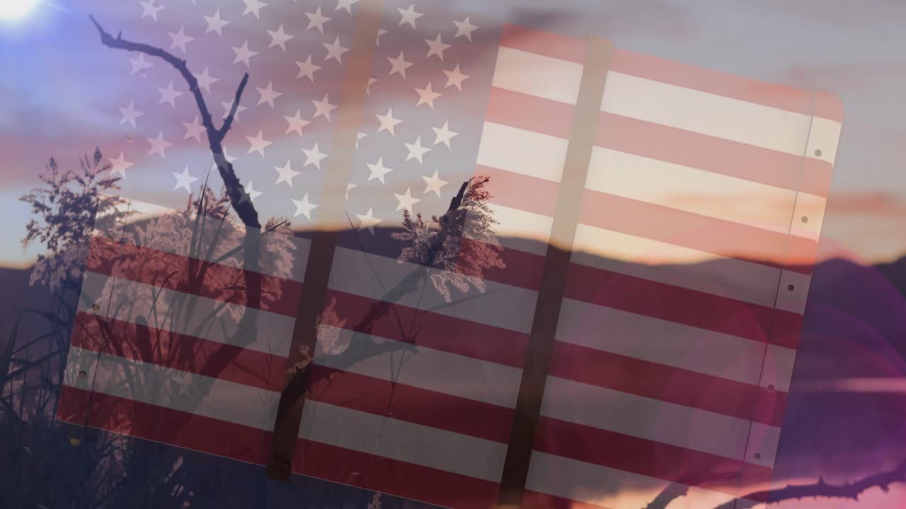 animación de la bandera estadounidense sobre un paisaje impresionante