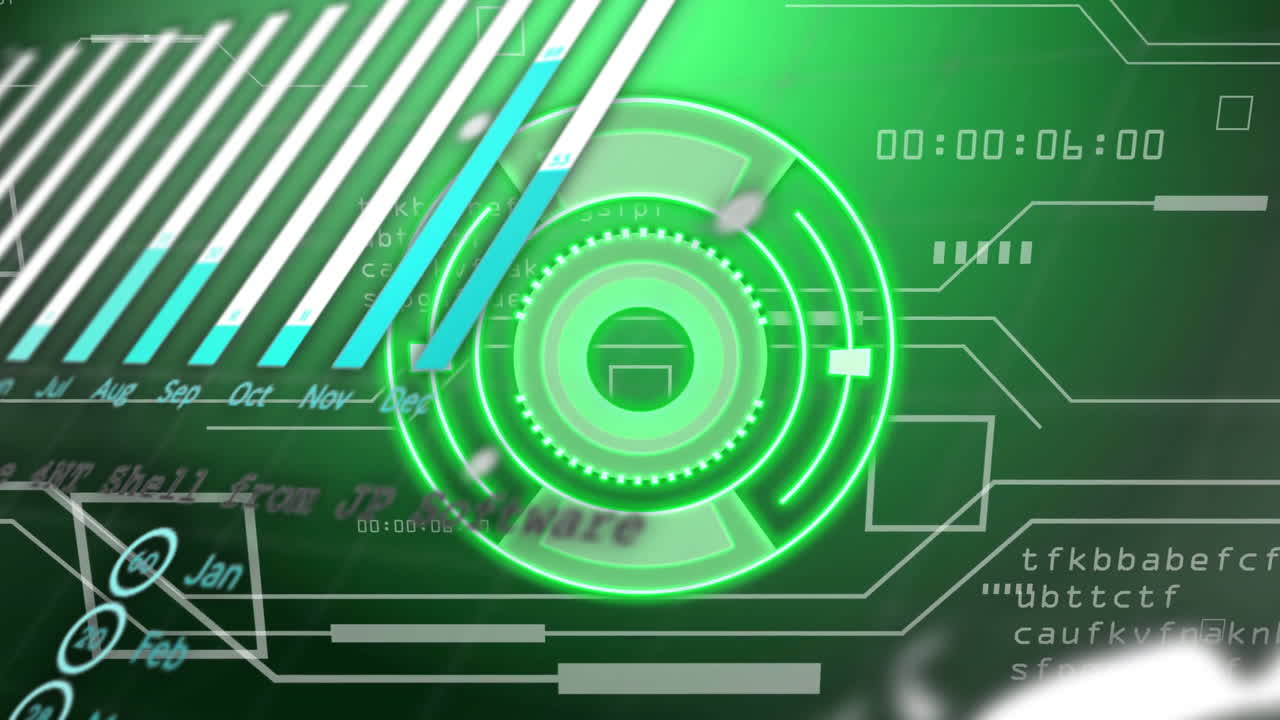 Futuristic green digital interface with rotating elements and data processing animation