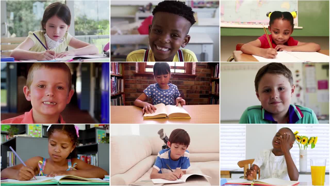 Animation of nine video call screens of diverse children having online primary school lessons
