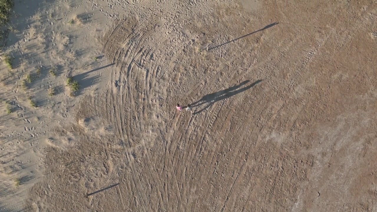 Inquadratura dall'alto di una coppia che cammina lungo la spiaggia sabbiosa, proiettando lunghe ombre nel caldo bagliore del sole serale. L'atmosfera tranquilla evoca sentimenti di pace e solitudine al tramonto