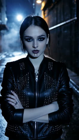 gothic punk woman with piercings in studded leather jacket in a dark alley