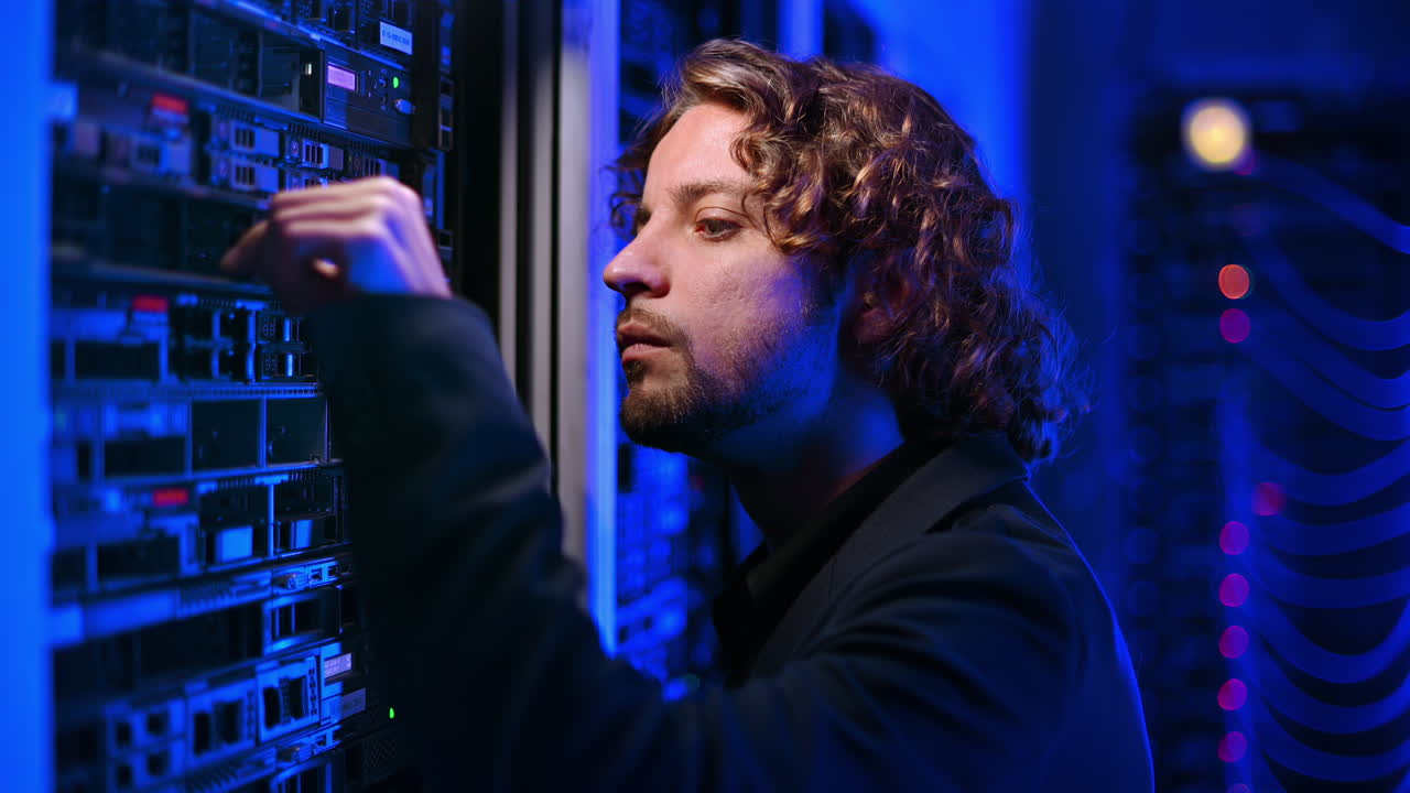 Man analysing servers in a data center