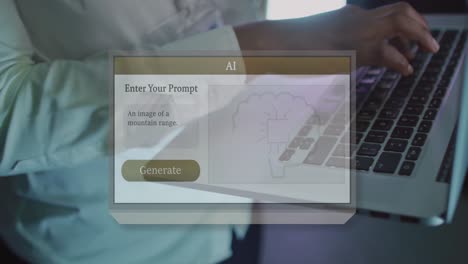 Animation-of-screen-with-ai-text-over-african-american-man-using-laptop