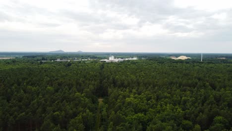 Enorme-Zona-Forestal-Y-Edificios-Industriales-En-El-Horizonte,-Vista-Aérea