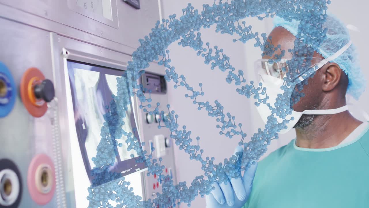 animación de una cadena de adn sobre un médico afroamericano con máscara facial y escáner de rayos x.