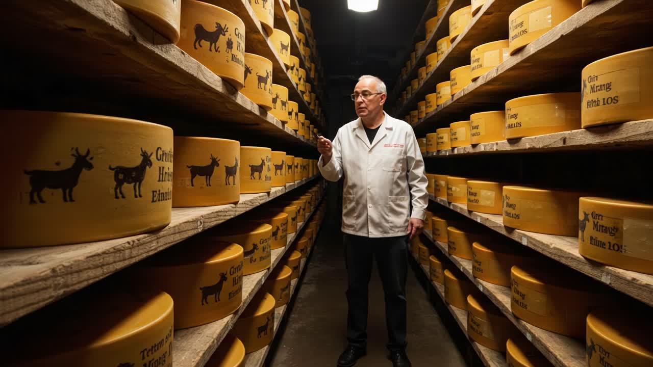 A Cheesemaker's Journey: Exploring the Art of Aging Cheese in a Traditional Cellar Surrounded by Wheels of Artisan Cheese