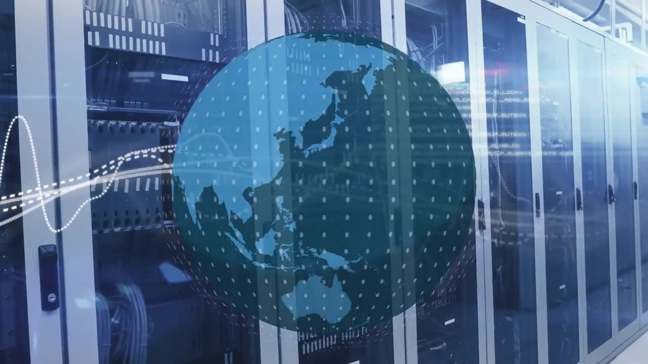 컴퓨터 서버 방에 대한 회전하는 지구와 빛의 점에 대한 데이터 처리 애니메이션