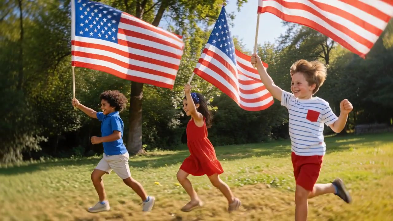 Running 3 children waving US flags on sunlit lawn for fun, wearing blue-polo red-dress striped-tee
