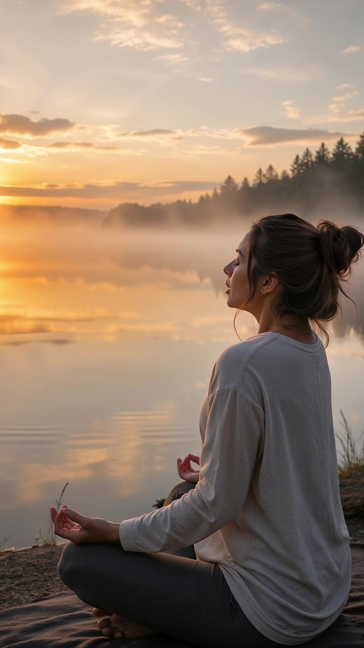 Giovane donna che pratica meditazione e yoga vicino a un lago tranquillo all'alba con montagne nebbiose.
