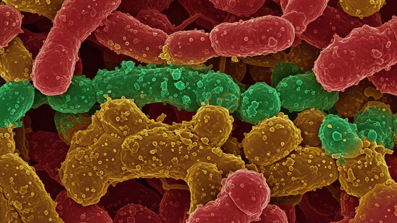 Microscopic view of diverse bacteria showcasing a spectrum of colors such as red, green, and yellow, highlighting their unique shapes and structures in a dense environment